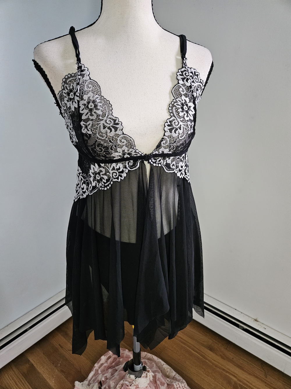 Black Lace-Trim Sheer Babydoll Chemise with White Embroidery And Bikini Bottoms.